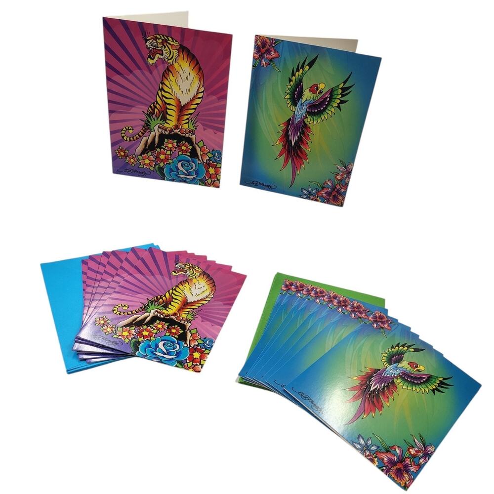 Ed Hardy 2013 Note Cards Stationary Bird Flower (9) & Tiger (7) with Envelopes